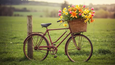 a charming vintage bicycle decorated with a basket full of colorful flowers perfectly set against a scenic rural landscape under a soft evening light