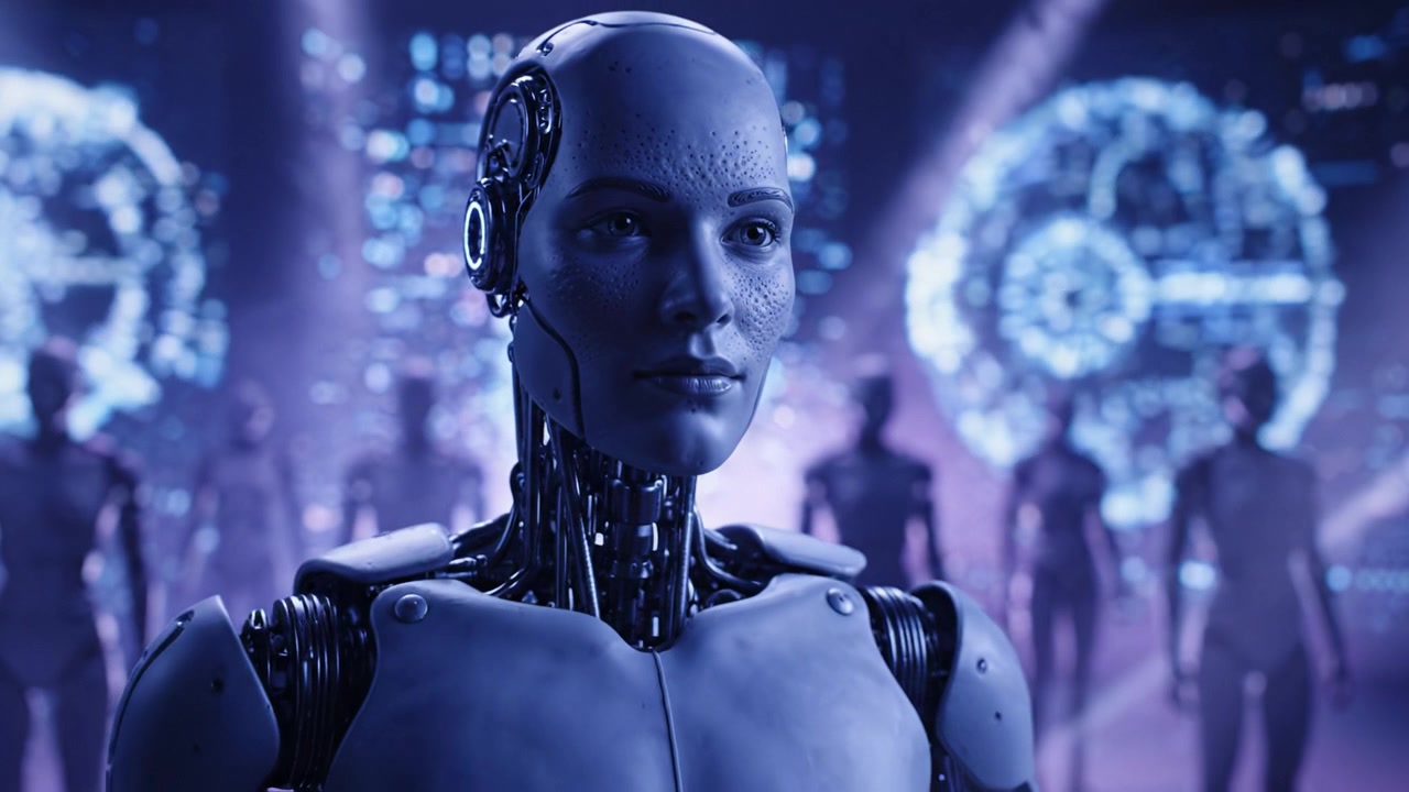 Un robot umanoide futuristico si erge in modo prominente in un ambiente illuminato al neon, circondato da proiezioni digitali, mostrando tecnologia avanzata e temi di intelligenza artificiale.