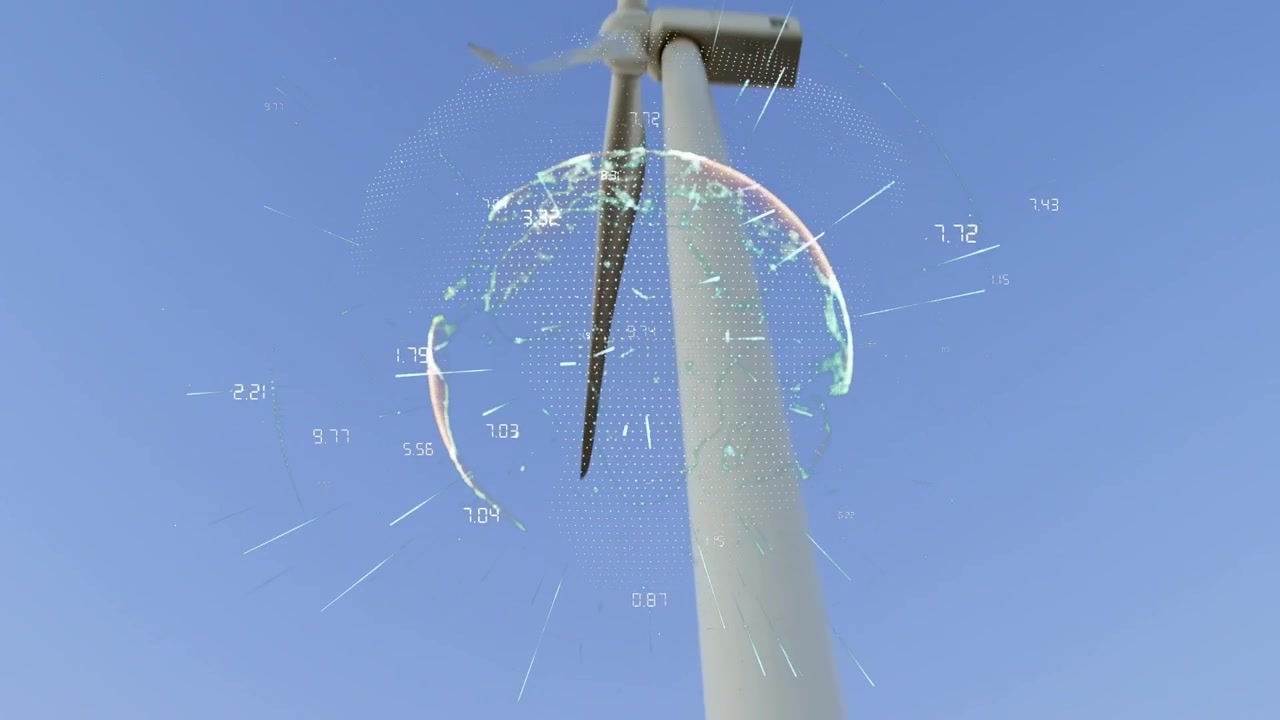 Animation d'un globe terrestre et d'un traitement de données sur une éolienne.