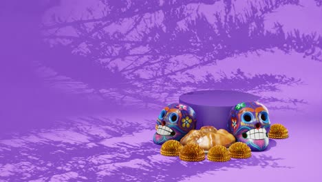 Day-of-The-Dead-Festival,-Dia-de-Muertos-,-Design-Mockup,-Mexico,-Skulls,-Traditional-Floral-and-Pastry,-Purple-Background