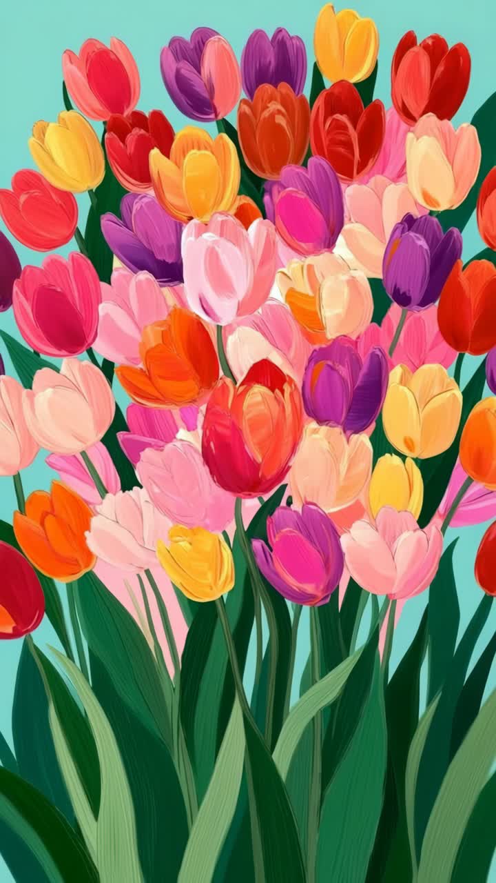 Vibrant close-up of painted tulips in bold colors, capturing a lively, artistic style