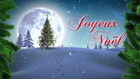 Animation-Von-Grünen-Blättern-Und-Schnee,-Der-über-Das-Joyeux-Noel-Textbanner-Vor-Der-Winterlandschaft-Fällt