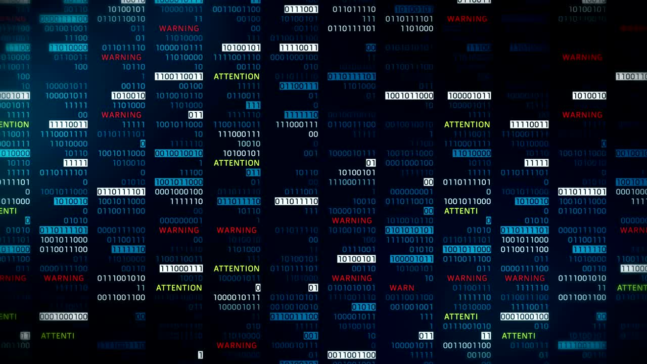 mensaje de advertencia y atención con números binarios. web en línea con animación de bucle de tecnología digital. concepto de error de problema de red informática.
