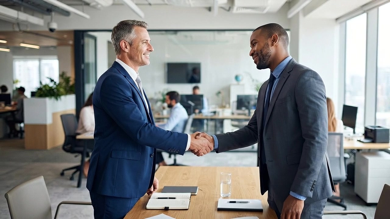 Two Professional Businessmen Shaking Hands in Modern Office