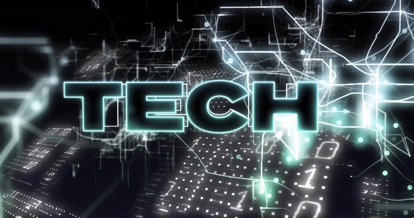 Lettere maiuscole "TECH" che si formano su una rete 3D, seguendo linee luminose animate e mostrando un flusso di dati