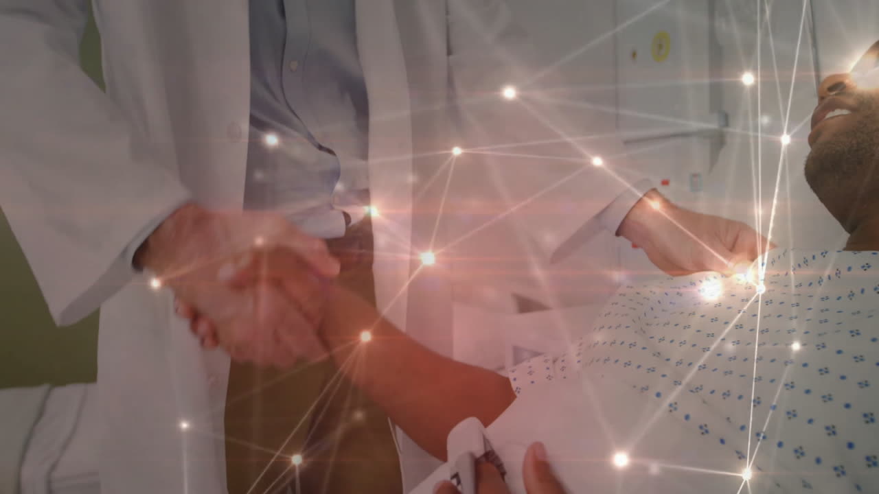 Male doctor shaking hands with male patient in hospital health tech, with digital network overlay