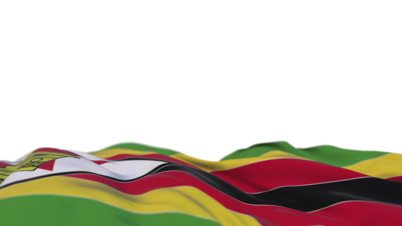 Zimbabwe fabric flag waving on the wind loop. Zimbabwe embroidery stitched cloth banner swaying on the breeze. Half-filled white background. Place for text. 20 seconds loop.
