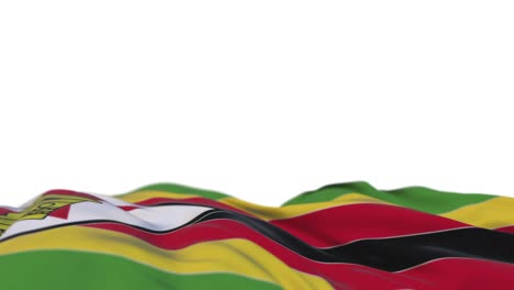 bandera de tela de zimbabwe ondeando en el bucle del viento. zimbabwe bordado estandarte de tela cosida balanceándose en la brisa. fondo blanco medio lleno. lugar para el texto. bucle de 20 segundos.