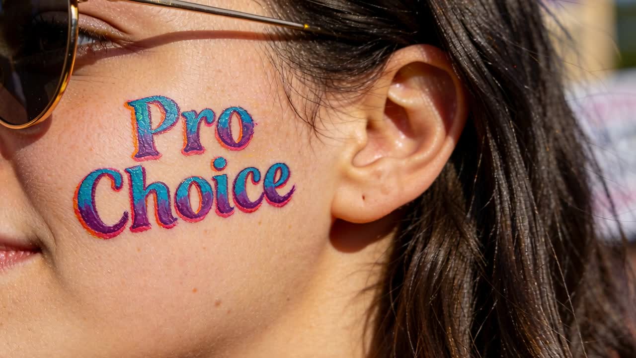 Donna che gira la guancia mentre la telecamera zooma, mostrando un trucco facciale "Pro Choice" per l'attivismo
