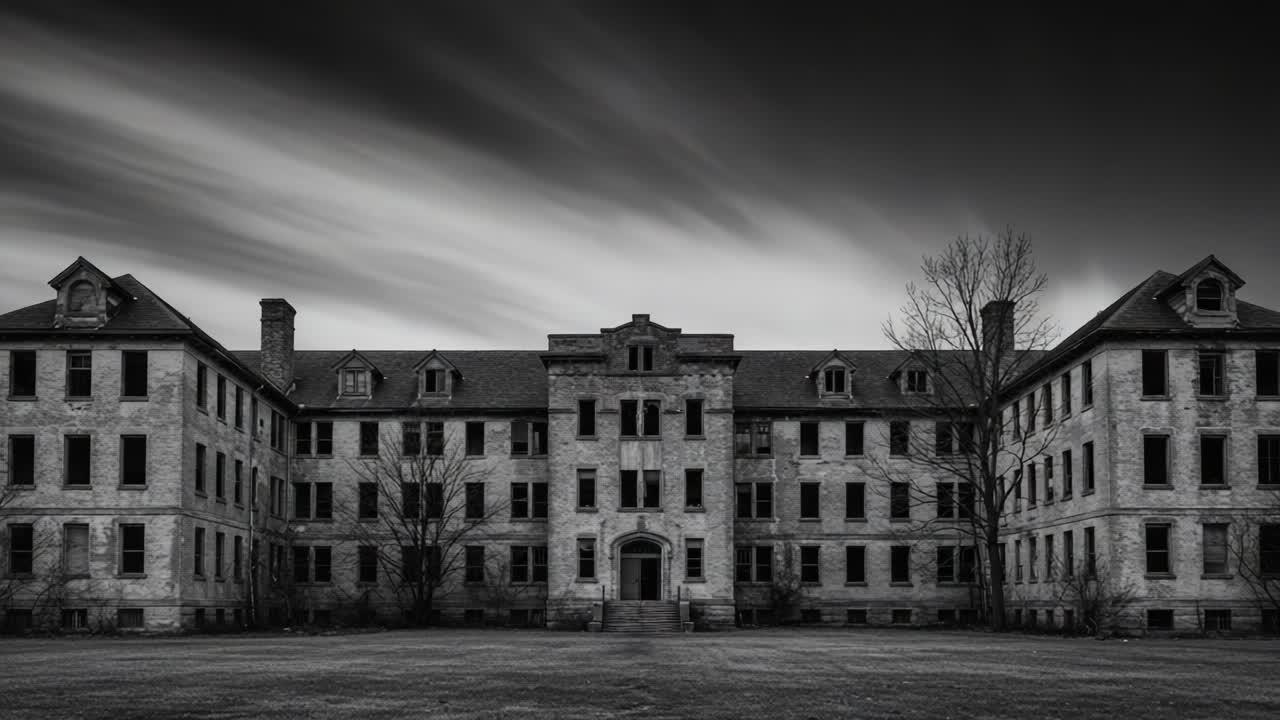 A Haunting Glimpse of an Abandoned Institution: The Forsaken Facade of a Neglected Asylum Under a Dramatic Sky