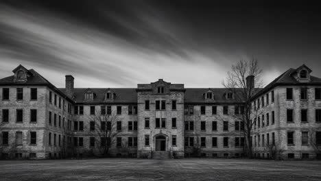 a haunting glimpse of an abandoned institution: the forsaken facade of a neglected asylum under a dramatic sky