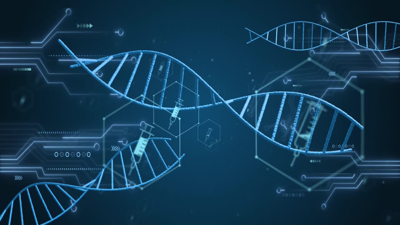 Animation of icons, dna strands over data processing