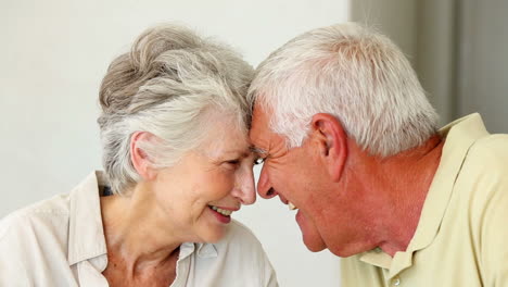 Senior-couple-sitting-at-the-table-touching-heads