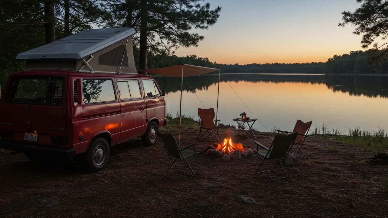 A Serene Lakeside Camping Experience at Dusk: Cozy Campfire and Retro Van Set Against a Tranquil Waterscape with Silhouetted Trees