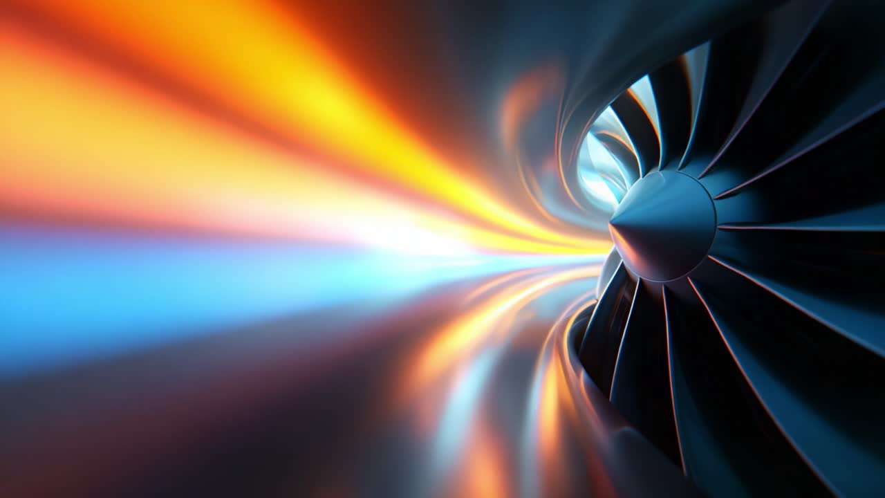 Dynamic View of a Jet Engine's Turbine with a Stunning Flow of Light, Showcasing the Complex Design and Beauty of Aerodynamic Technology in Action