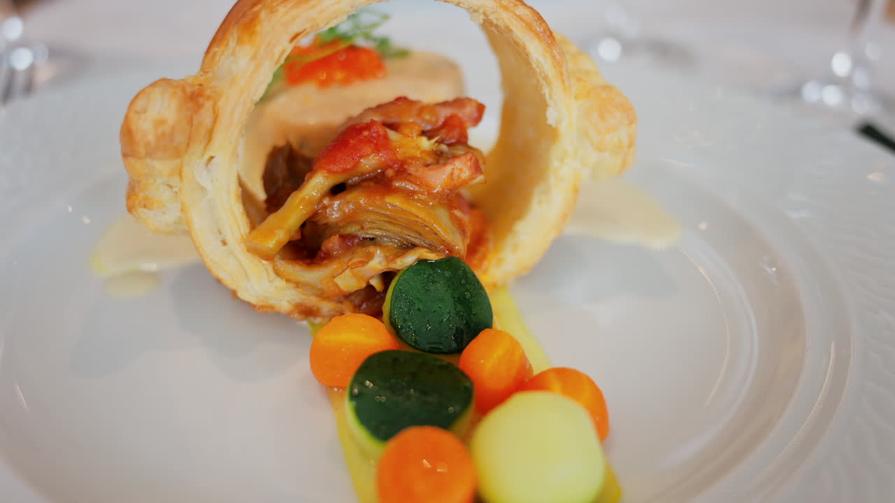 Close up of a golden, circular puff pastry ring filled with a tomato-based stew, with round vegetables and creamy white sauce on a white plate at a restaurant