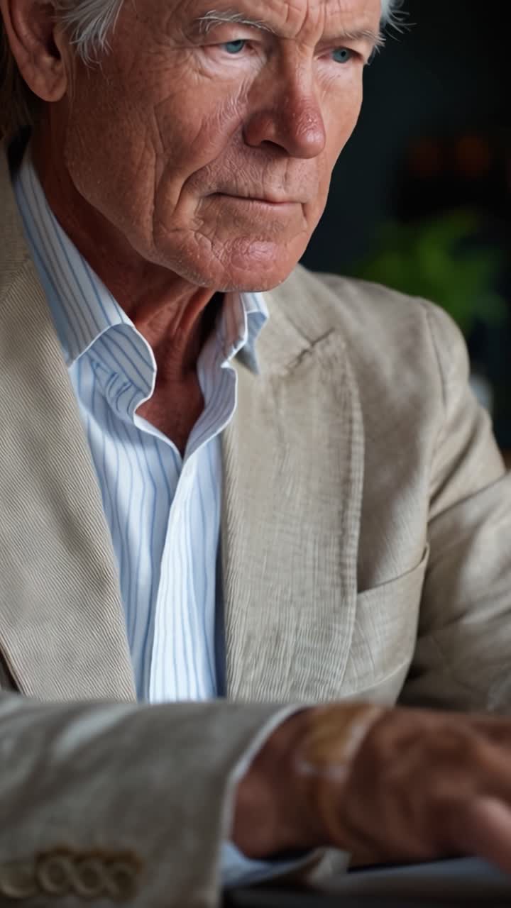 Un uomo anziano concentrato sullo schermo del laptop. Le mani si muovono sulla tastiera con attenzione. Stanchezza e calma sono visibili nella sua espressione. Adatto per temi di business, pensione o lavoro digitale.