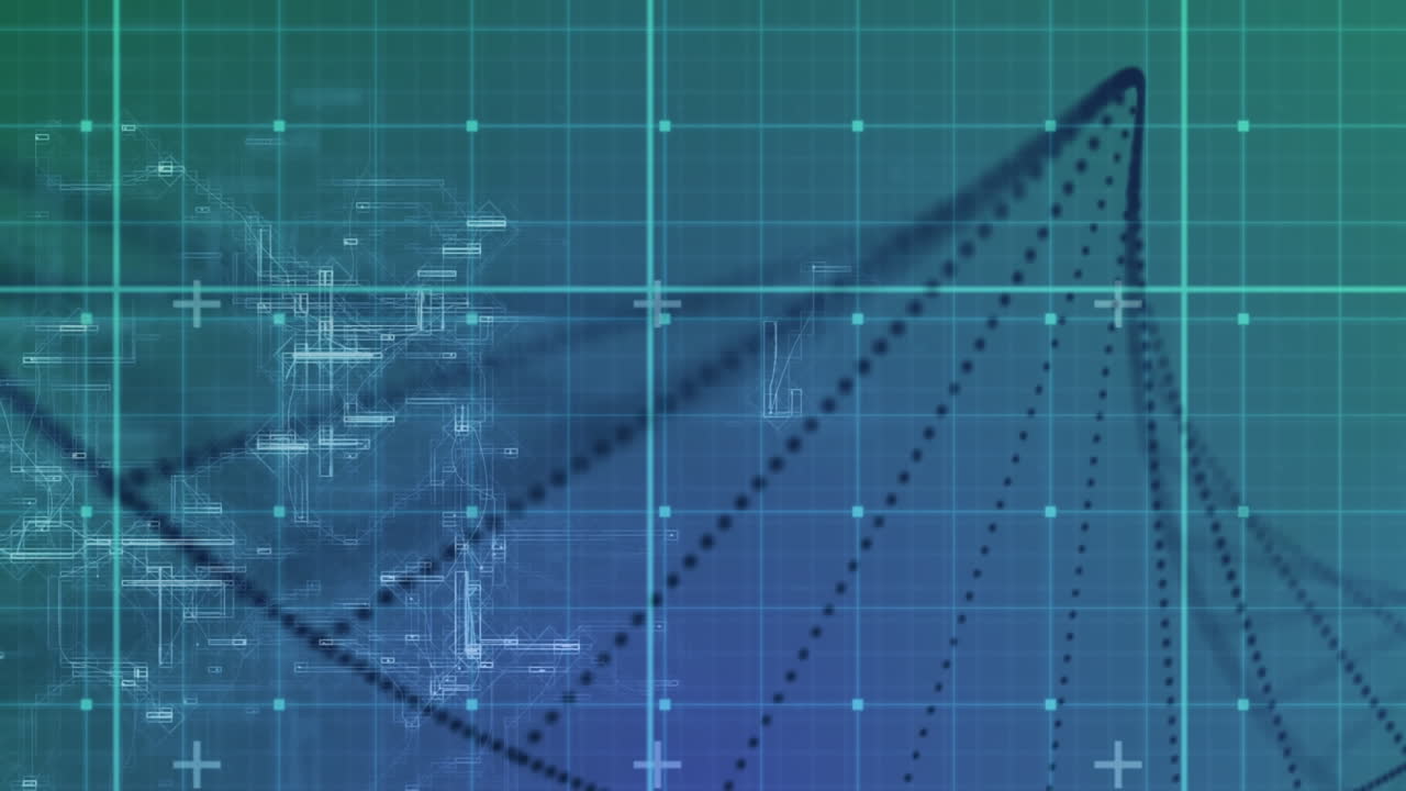 animación de partículas negras que forman una hélice sobre el procesamiento de datos en la cuadrícula verde