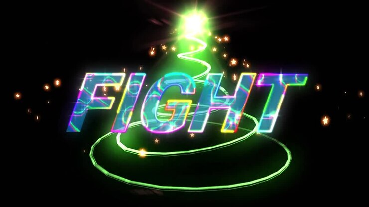 Animazione di testo "fight" luminoso su stelle e scia luminosa verde