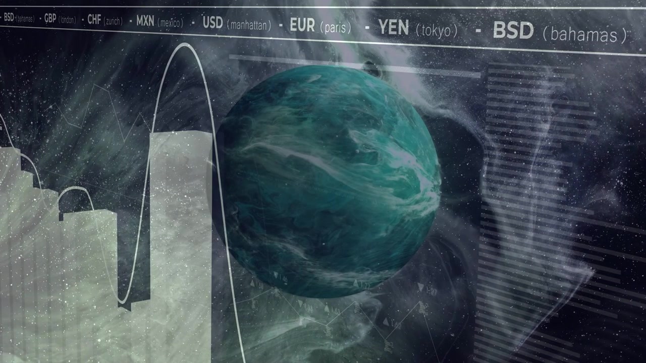 Currency header cycling planet rotating bars rising and white line tracing global finance trends