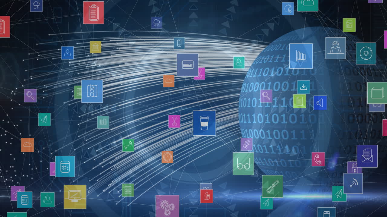 Digital animation of multiple digital icons floating against binary coding on globe
