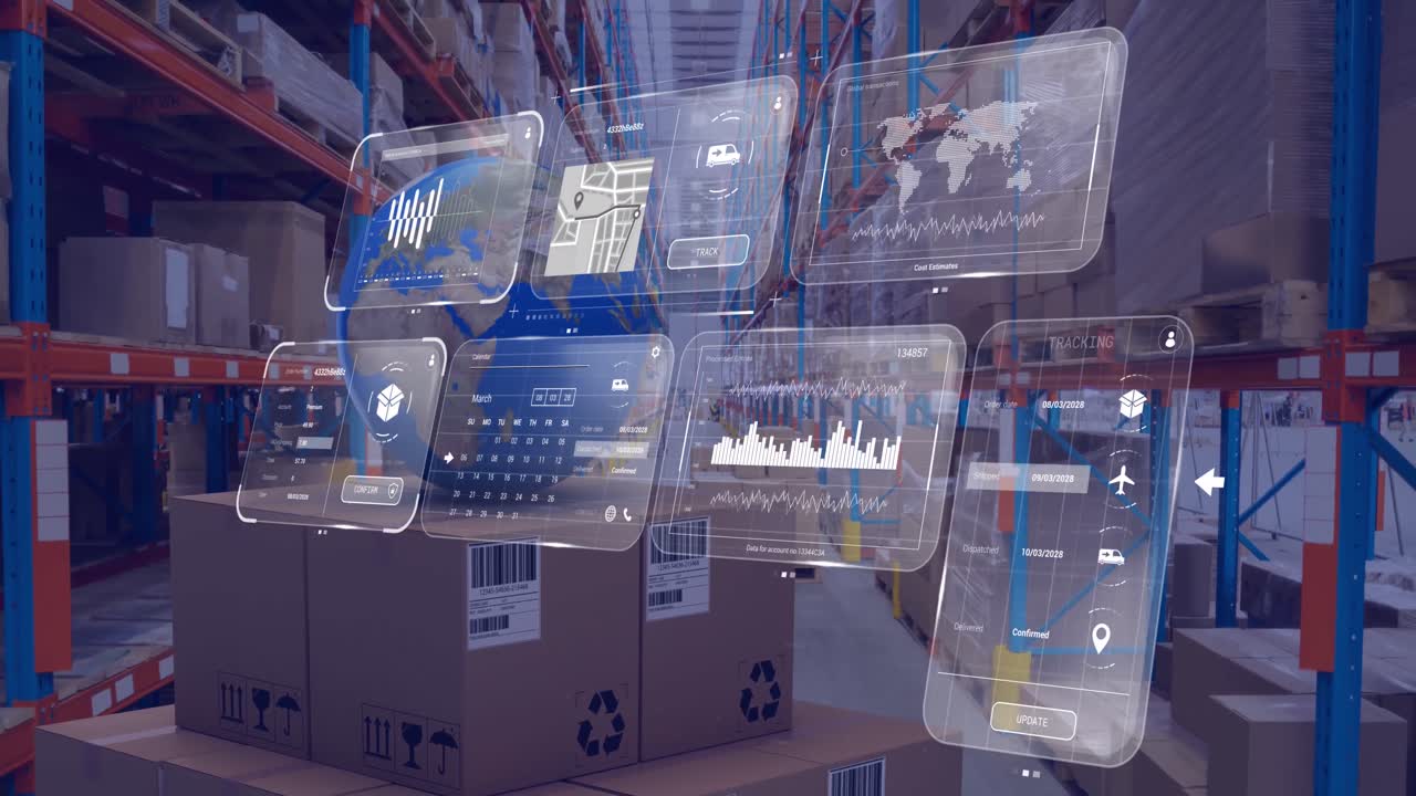 animación del procesamiento de datos en pantallas sobre el almacén