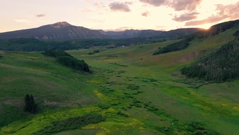 aerial at sunset over a lush green valley near crested butte mountain, colorado, usa