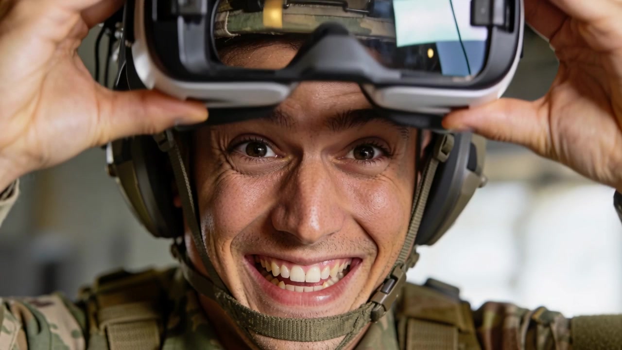 Soldato che prende il visore VR, lo testa e lo posiziona sugli occhi in un'area di addestramento, con elmetto mimetico