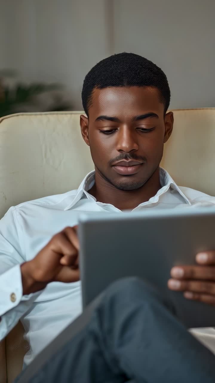 Vertical video: Smiling at screen, man in white shirt tapping tablet while seated in light chair