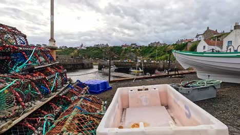 fishing traps and boats by the harbor