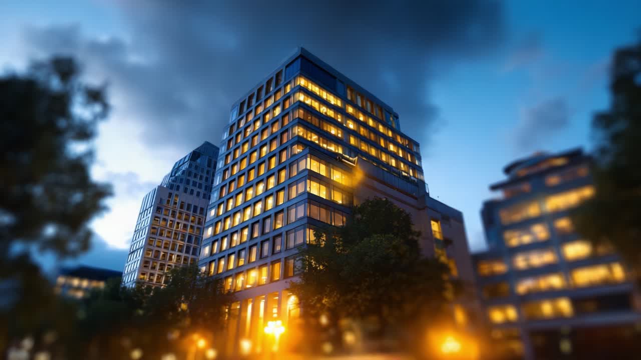 Exterior moderno de prédio arquitetônico à noite com janelas iluminadas e plano de fundo dramático de céu nublado em um ambiente urbano