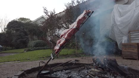 pork meat cooking over smoke on open air fire