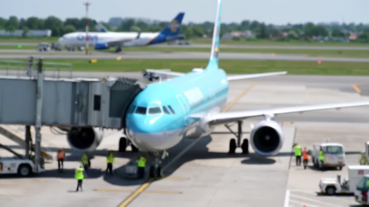 Airplane at Gate: A Captivating Scene of Ground Crew and Aircraft Ready for Departure in a Modern Airport Environment