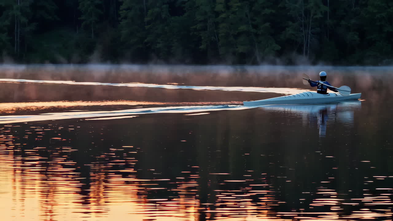 Kayaker on a Misty Morning Lake Sunrise