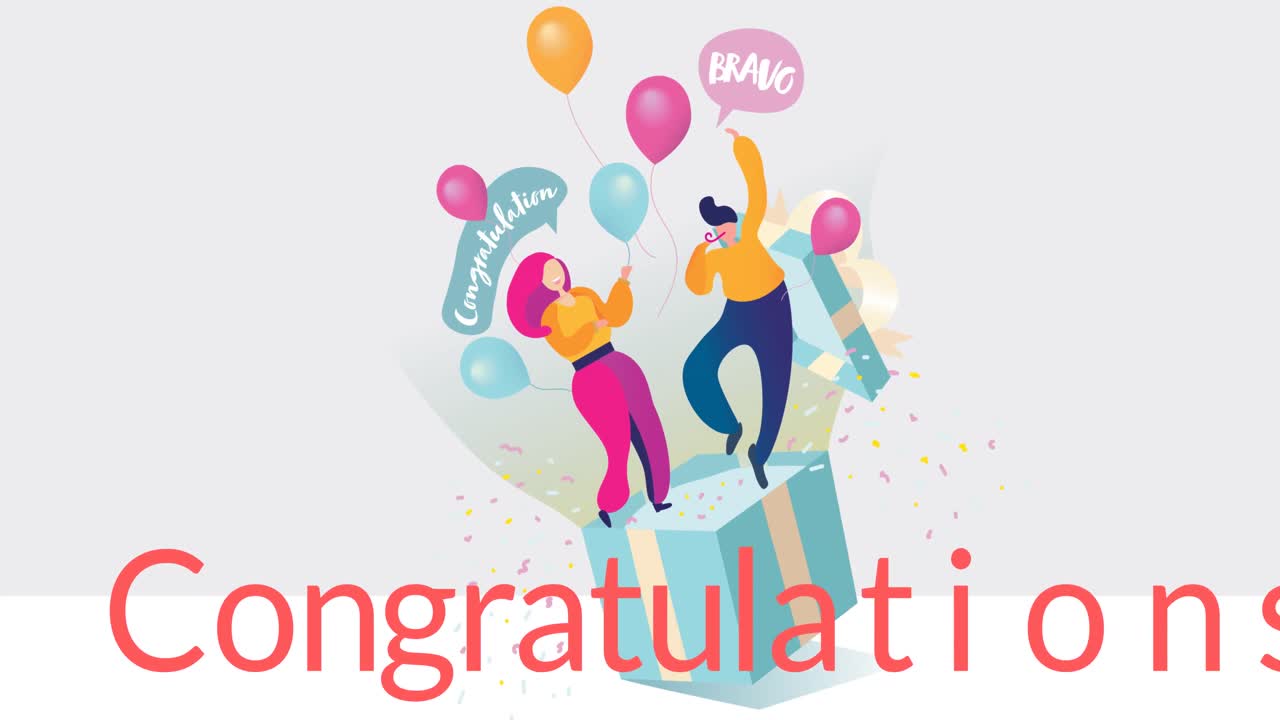 ⁇ 색 배경에 파티 아이콘과 축하 문자의 애니메이션