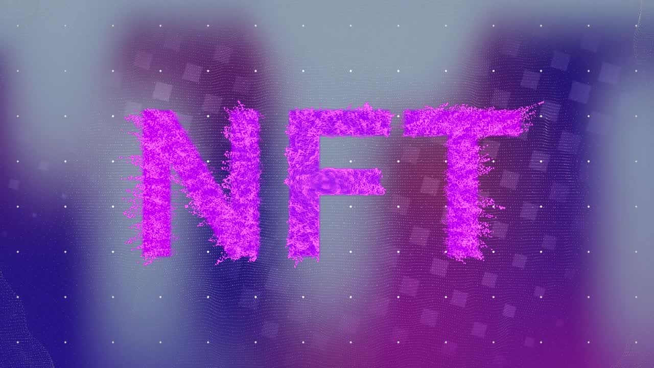 Animation of nft over blue, pink and beige background