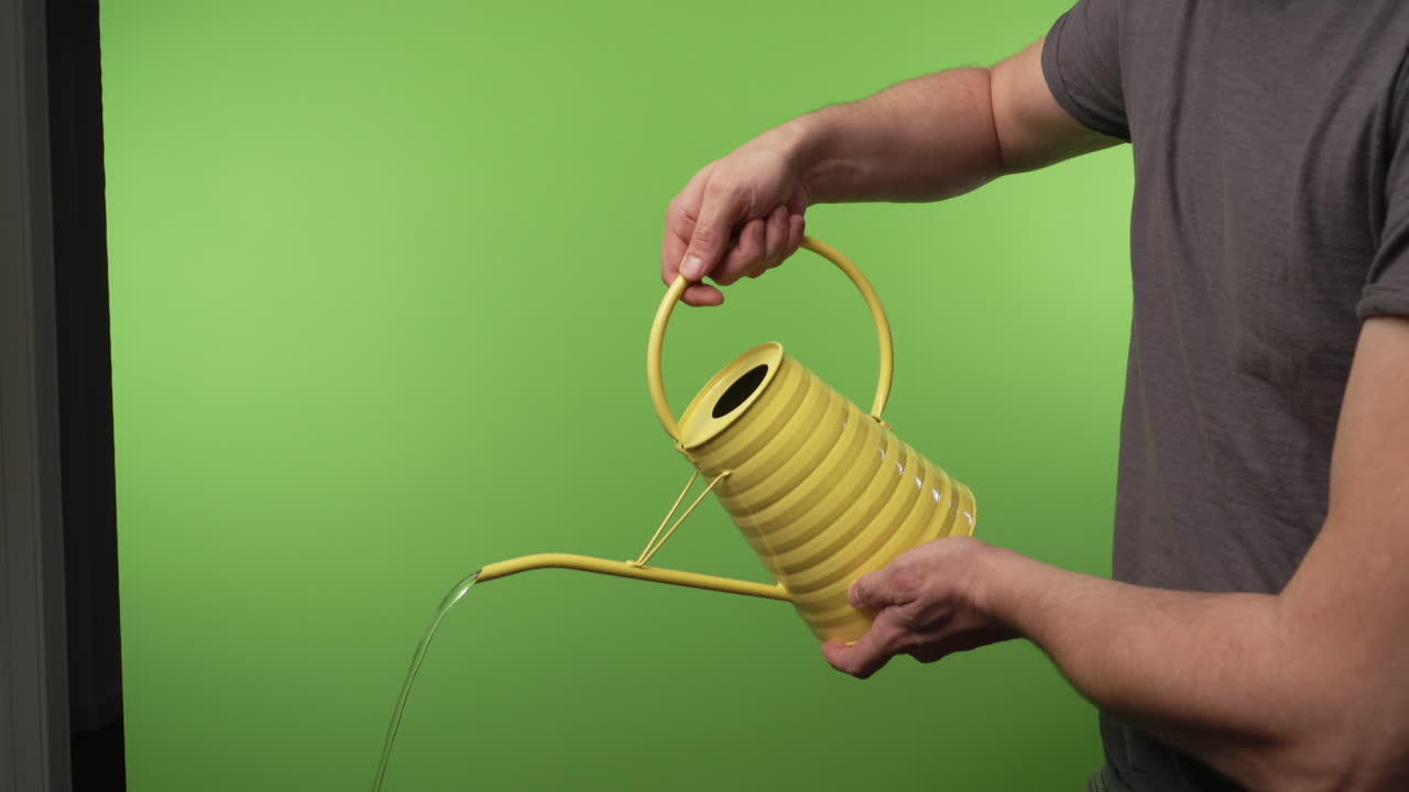 Yellow watering can poured by adult man in front of chroma green screen