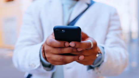 phone, hands and typing in city for social media