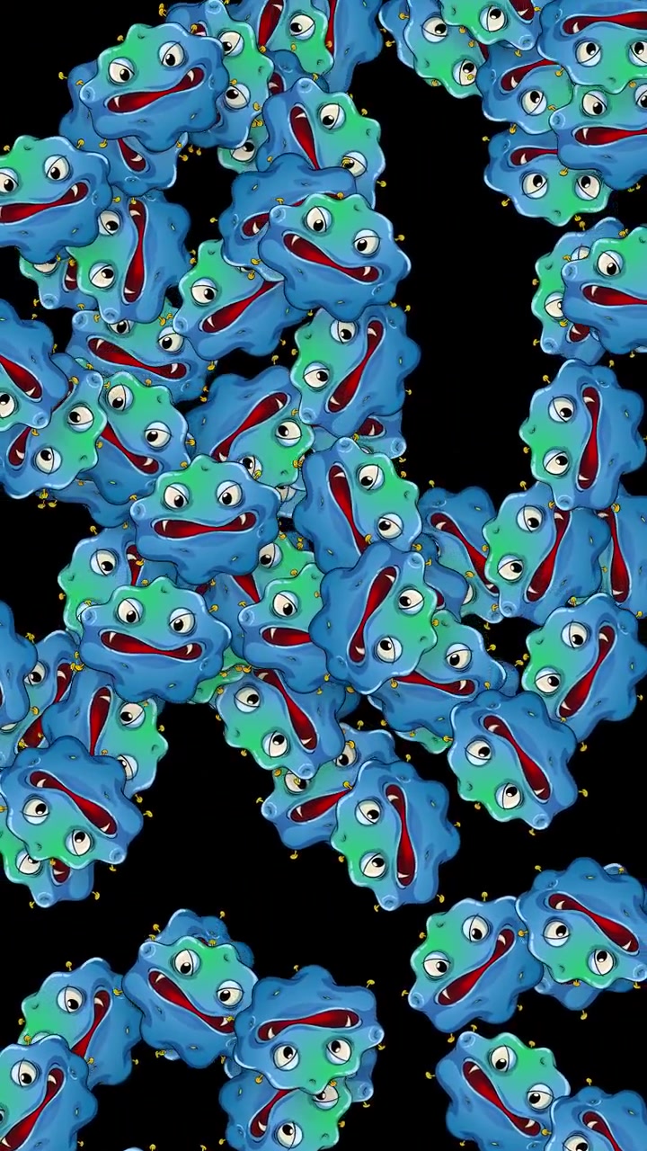 Animated blue cartoon germs with faces falling vertically against a solid black background.