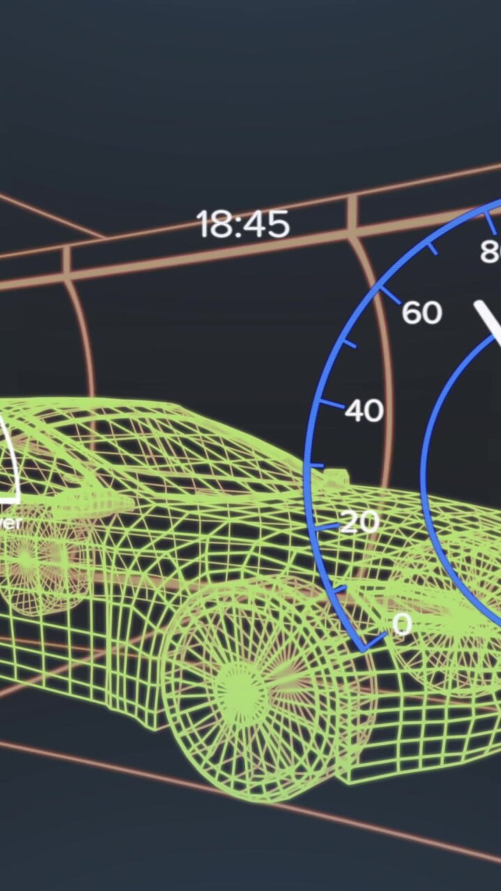 Animation of car interface over digital car on black background