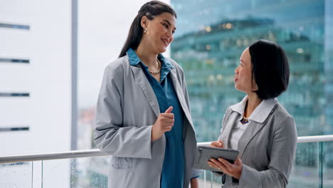 Tablet,-business-women-and-working-with-balcony