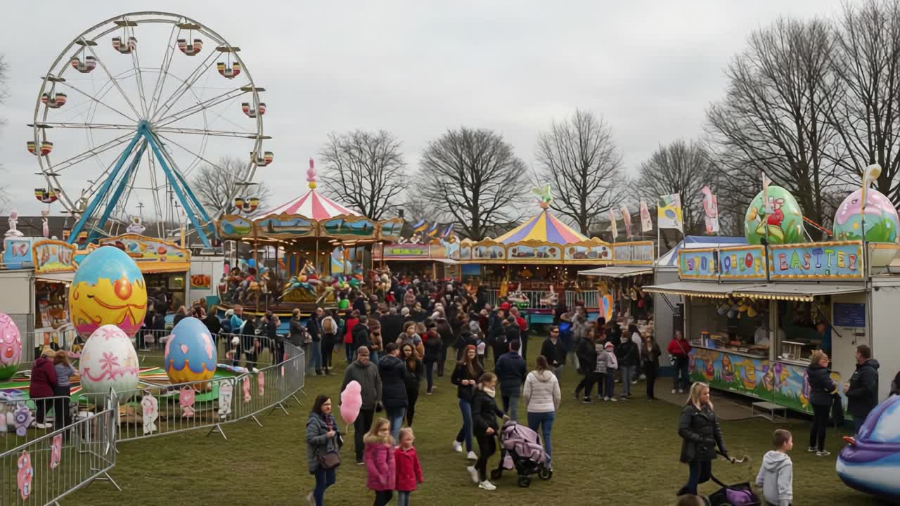 A bustling fairground scene featuring colorful attractions, festive decorations, and a lively crowd enjoying various rides and activities during a vibrant seasonal celebration