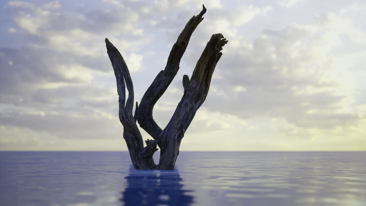 Stark silhouette of driftwood emerging from tranquil ocean at sunset