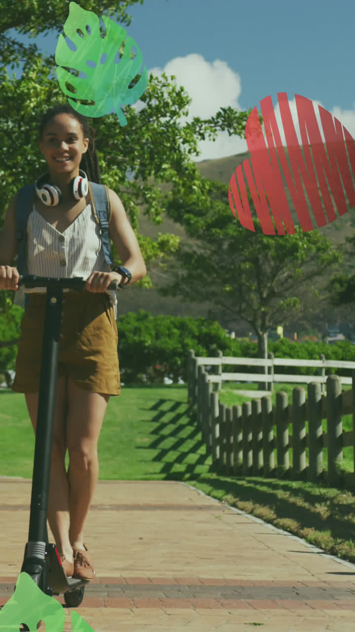 Green leaves and red heart icons against african american woman riding electric scooter in the park