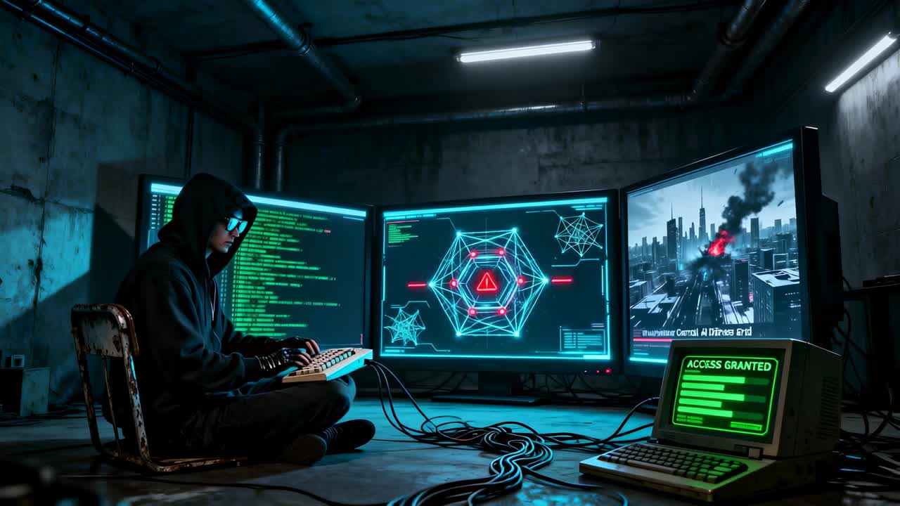 Typing hooded man on keyboard pausing after ACCESS GRANTED flash at monitors in cellar, copy space
