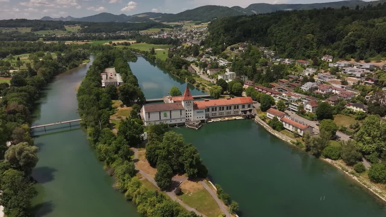 Aerial view of riverside architecture and lush surroundings in Aarau, Aargau, Switzerland