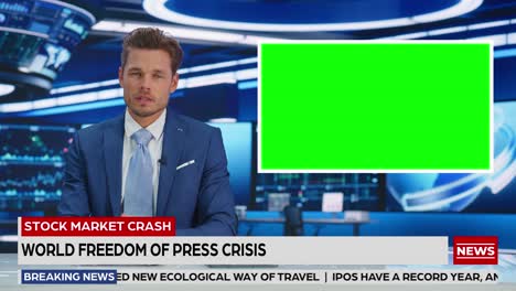 newsroom tv studio live news program: caucasian male presenter reporting bad news, green screen chroma key screen picture. television cable channel anchor talks. network broadcast mock-up playback