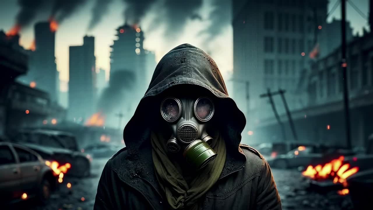 Scena drammatica post-apocalittica con figura incappucciata e maschera antigas, angolazione all'altezza degli occhi, videogioco