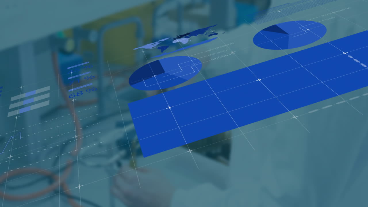 technologist manipulating electronic components in tech lab, with hologram blue charts showing data