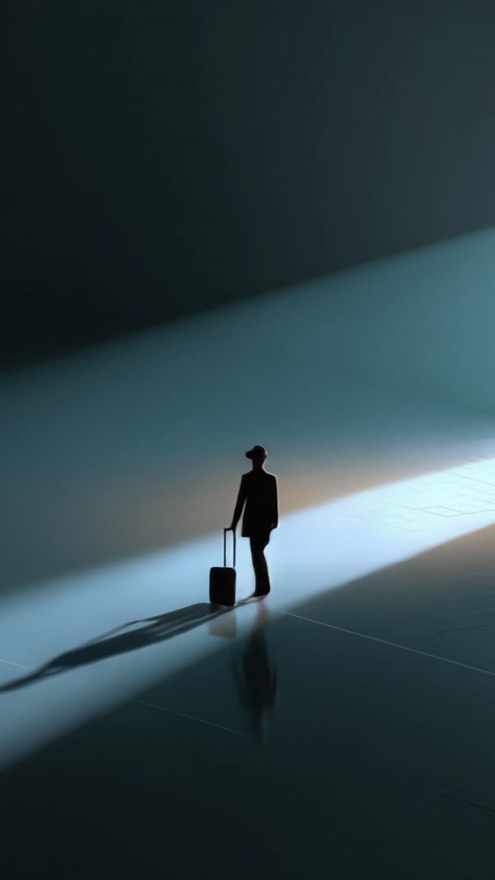 Una figura en silueta con una maleta camina hacia una luz brillante en un espacio abstracto y minimalista, encarnando temas de viaje, exploración y autodescubrimiento.